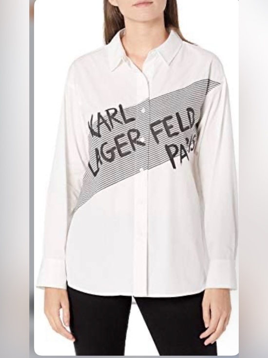 Karl Lagerfeld Tops - Karl Lagerfeld White 100% cotton Button-Down Shirt with Black Diagonal Graphic